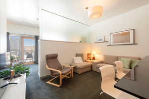 Living room featuring dark carpet