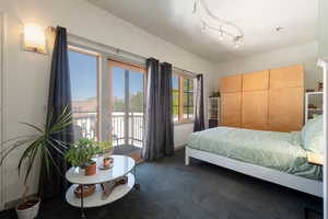 Carpeted bedroom with access to exterior