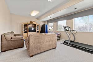 Living area featuring baseboards and carpet floors