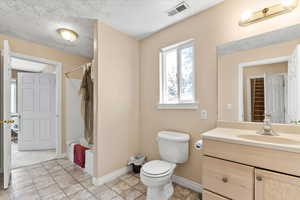 Full bathroom with toilet, visible vents, baseboards, and vanity