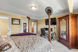 Bedroom with baseboards, ornamental molding, and light colored carpet