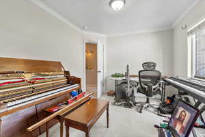 Home office with baseboards, ornamental molding, and light colored carpet