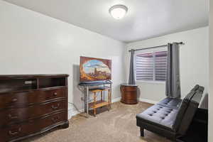 Sitting room featuring baseboards and light colored carpet