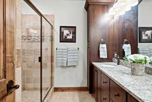 Full bathroom featuring vanity and a shower stall