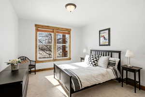 Bedroom featuring light colored carpet and baseboards