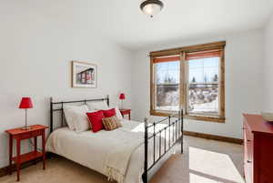 Bedroom featuring baseboards and light colored carpet