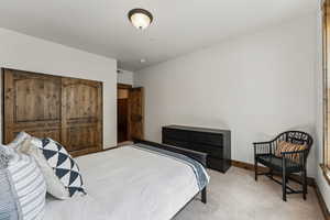 Bedroom featuring baseboards and light colored carpet