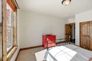 Bedroom featuring baseboards and carpet