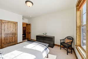 Carpeted bedroom with baseboards and a closet