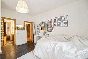 Bedroom with ensuite bath and dark wood-type flooring