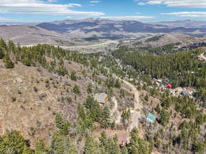 Birds eye view of property featuring a mountain view and a view of trees