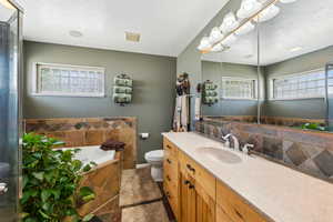 Full bath with toilet, vanity, visible vents, baseboards, and a bath