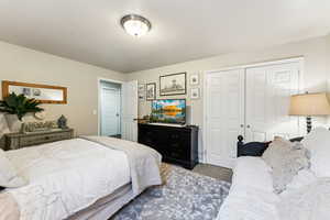 Carpeted bedroom featuring a closet