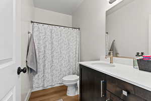 Full bath featuring wood finished floors, toilet, vanity, and a shower with shower curtain