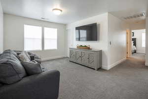 Carpeted living area featuring visible vents, baseboards, and a healthy amount of sunlight
