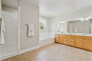 Full bathroom with visible vents, double vanity, a bath, tile patterned floors, and a sink