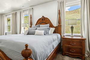 Carpeted bedroom with visible vents and recessed lighting