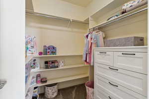 Walk in closet featuring carpet flooring
