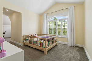 Carpeted bedroom featuring baseboards and lofted ceiling