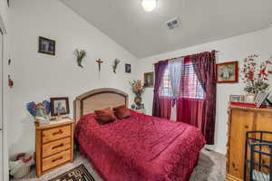 Carpeted bedroom featuring baseboards, visible vents, a textured ceiling, and vaulted ceiling