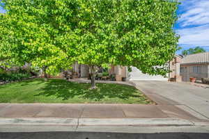 Obstructed view of property featuring fence, an attached garage, concrete driveway, stucco siding, and a front lawn