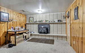 Miscellaneous room with wooden walls, a wood stove, visible vents, and carpet