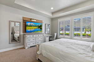 Bedroom featuring baseboards, a tray ceiling, recessed lighting, and carpet floors