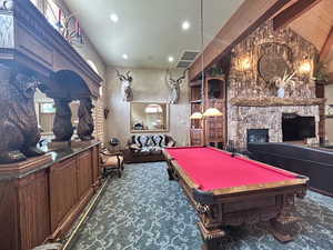 Playroom with pool table, recessed lighting, carpet flooring, visible vents, and a fireplace