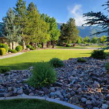 View of community with a lawn and a mountain view