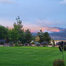 View of community featuring a yard and a mountain view
