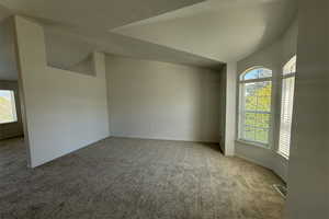 Spare room featuring vaulted ceiling, carpet flooring, and a healthy amount of sunlight