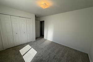 Unfurnished bedroom featuring baseboards, a textured ceiling, a closet, and carpet