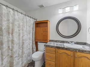 Full bath featuring vanity, toilet, and visible vents