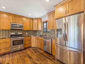 Kitchen with recessed lighting, a sink, decorative backsplash, dark wood-type flooring, and appliances with stainless steel finishes