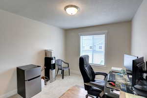 Office area with a textured ceiling, carpet flooring, and baseboards