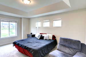 Bedroom with a raised ceiling, carpet floors, and baseboards