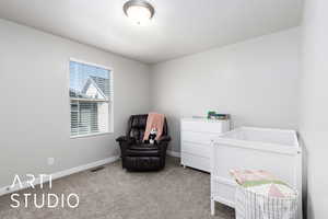 Carpeted bedroom featuring a nursery area, visible vents, and baseboards