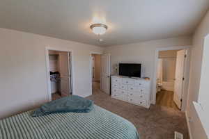 Carpeted bedroom with a closet, visible vents, baseboards, ensuite bath, and a spacious closet