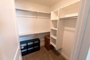 Walk in closet featuring dark carpet