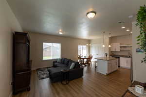 Living room featuring visible vents, plenty of natural light, and dark wood finished floors