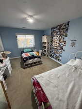 Bedroom with carpet, baseboards, visible vents, and a textured ceiling