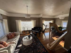 Living room featuring crown molding, a textured ceiling, and wood finished floors