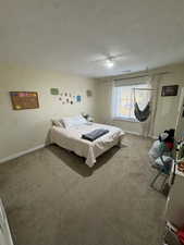Carpeted bedroom with baseboards and a textured ceiling