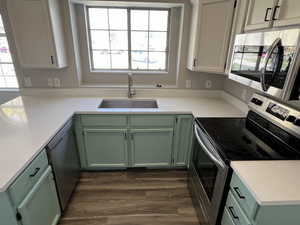 Kitchen with light stone countertops, a sink, dark wood-type flooring, green cabinetry, and stainless steel appliances