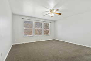 Large primary bedroom with carpet, a ceiling fan, large windows, and visible vents