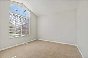Carpeted living room with baseboards, vaulted ceiling.