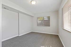 Bedroom with baseboards, carpet flooring, and visible vents