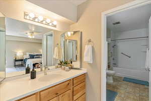 Ensuite bathroom featuring toilet, ensuite bathroom, vanity, visible vents, and a ceiling fan