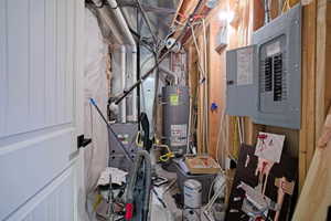 Utility room with secured water heater and electric panel