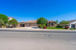 View of property hidden behind natural elements featuring a tile roof, concrete driveway, a garage, and stucco siding
